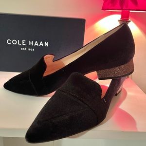 COLE HAAN Black Velvet Loafers with Rose Gold Glitter Heel, Size 8.5